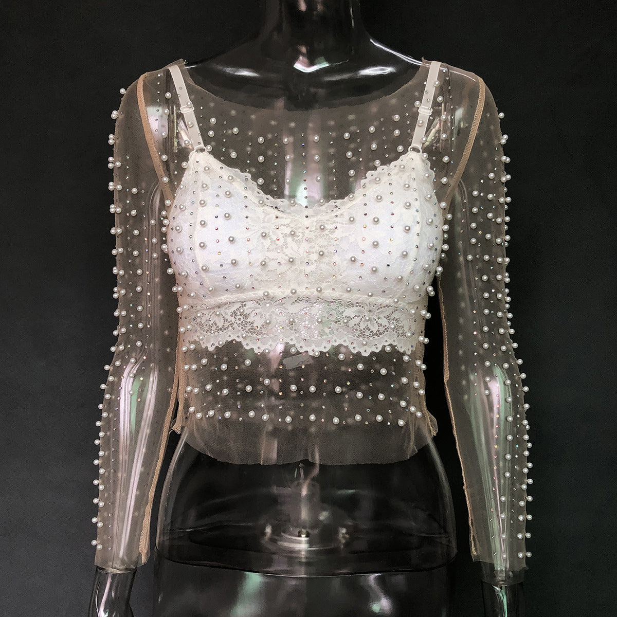 Sheer Mesh Pearl Crop Top