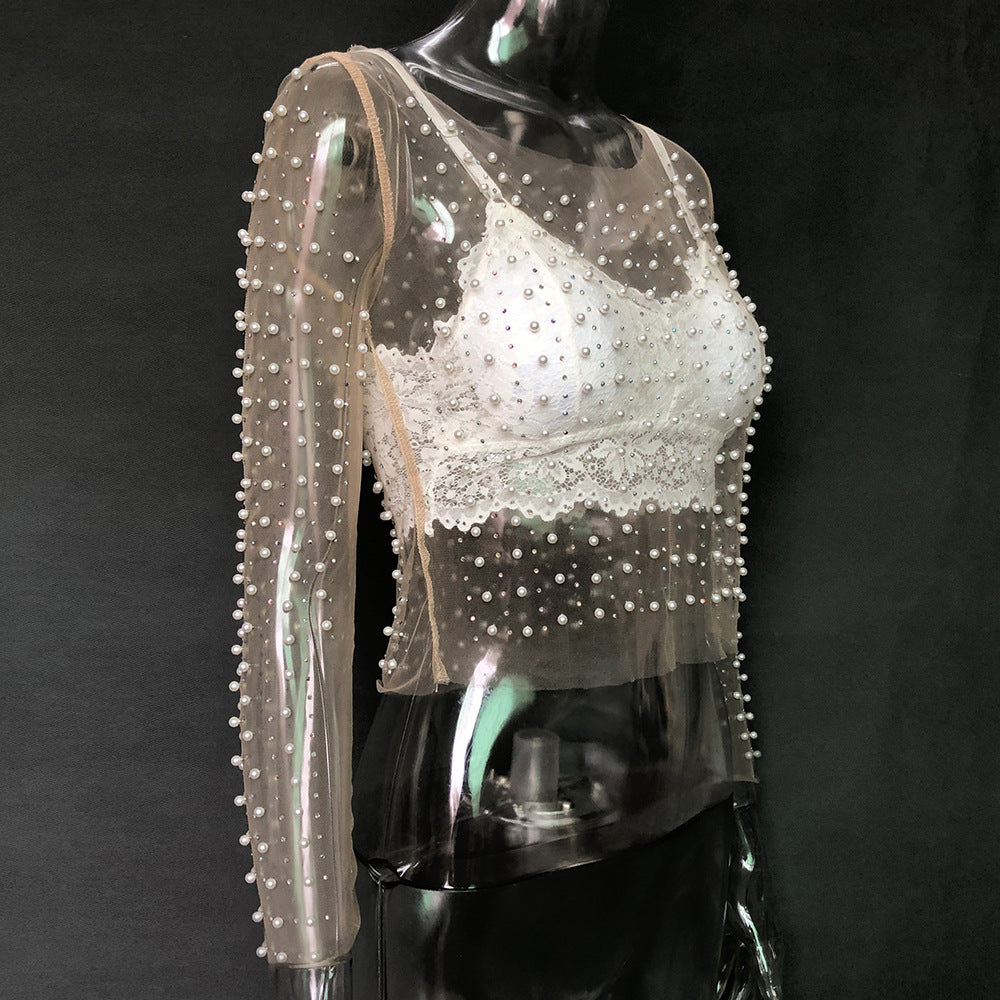 Sheer Mesh Pearl Crop Top