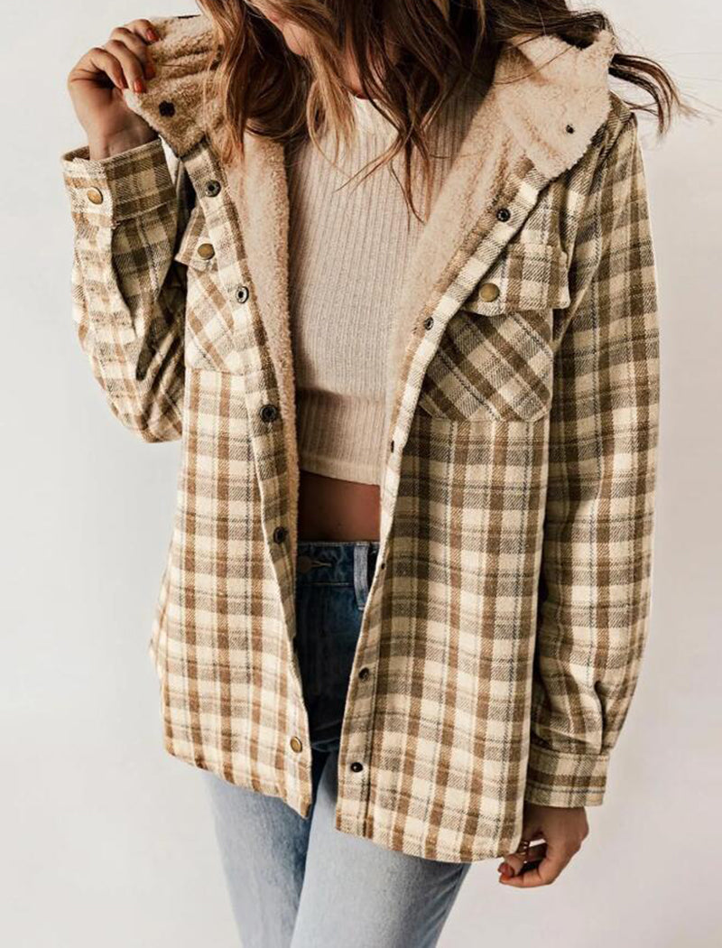 Plaid Long Sleeve Fuzzy Hooded Jacket