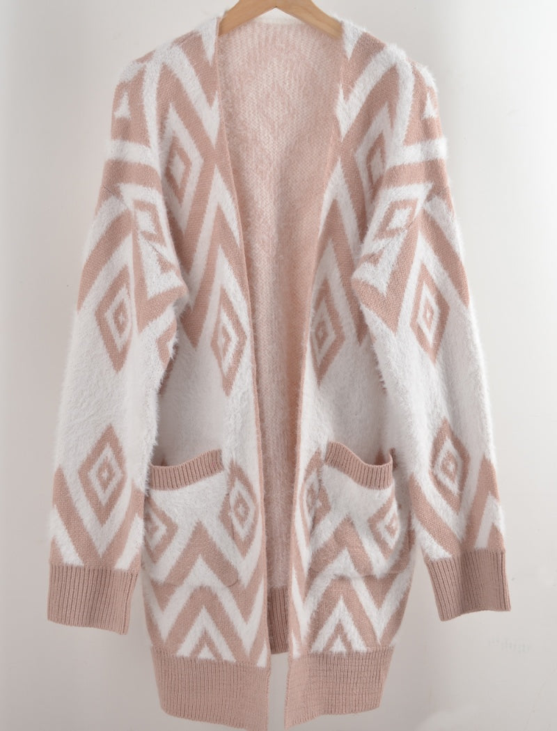 Geometric Knit Open-Front Cardigan