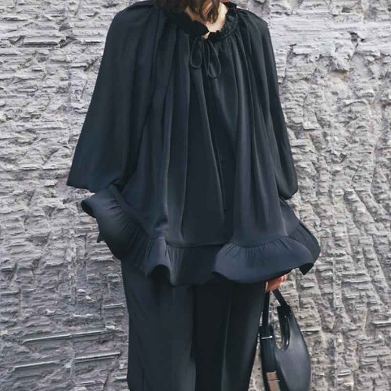 Loose Fit Ruffle Hem Chiffon Blouse