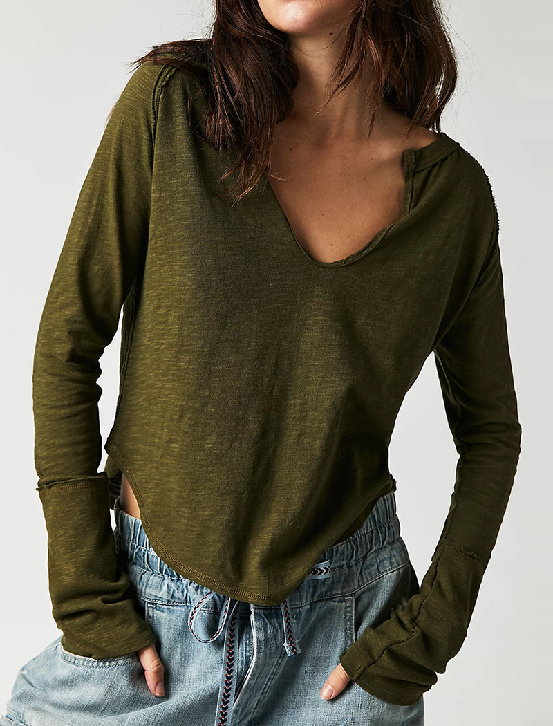 Solid U-Neck Long Sleeve Tee