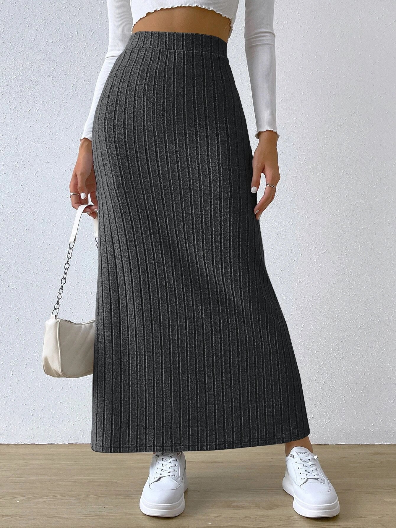 Ribbed High-Rise Split-Hem Maxi Skirt