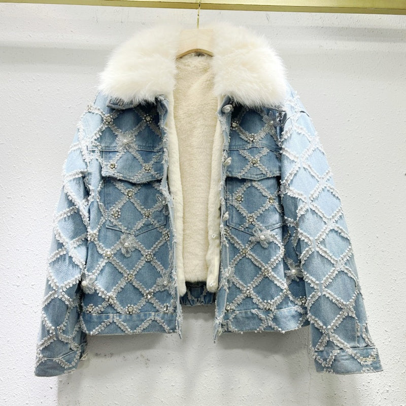 Embellished Denim Jacket with Faux Fur