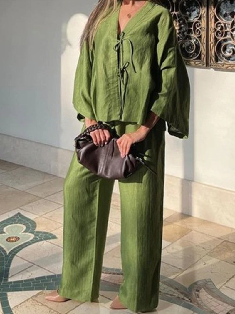 Solid Tie-Front Blouse and Pants Set
