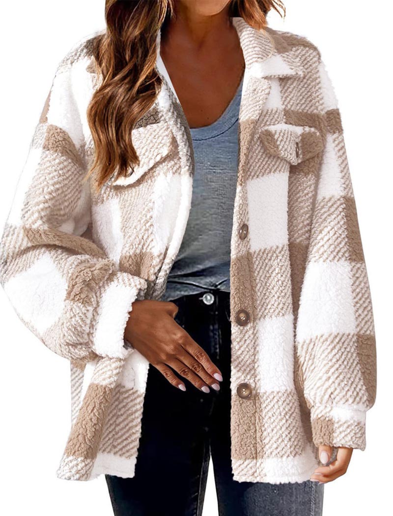 Plaid Sherpa Jacket with Button Closure