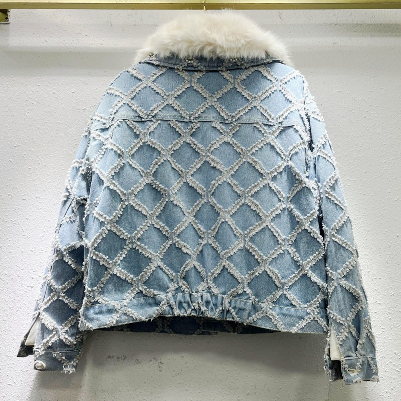 Embellished Denim Jacket with Faux Fur