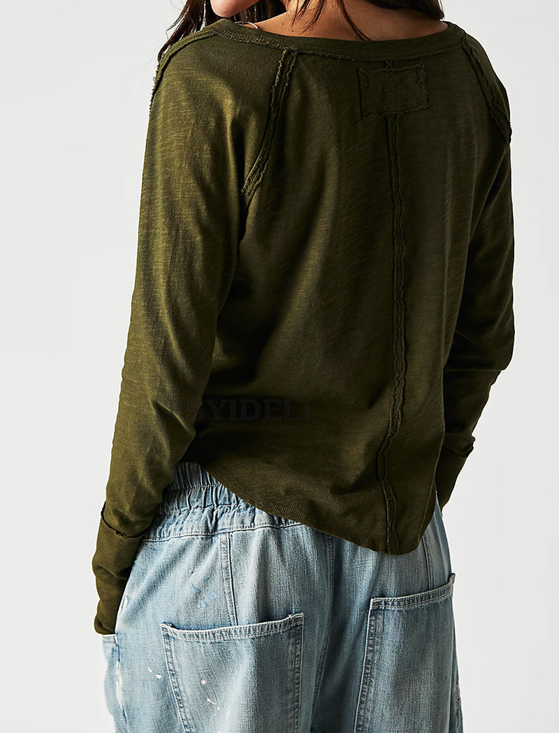 Solid U-Neck Long Sleeve Tee