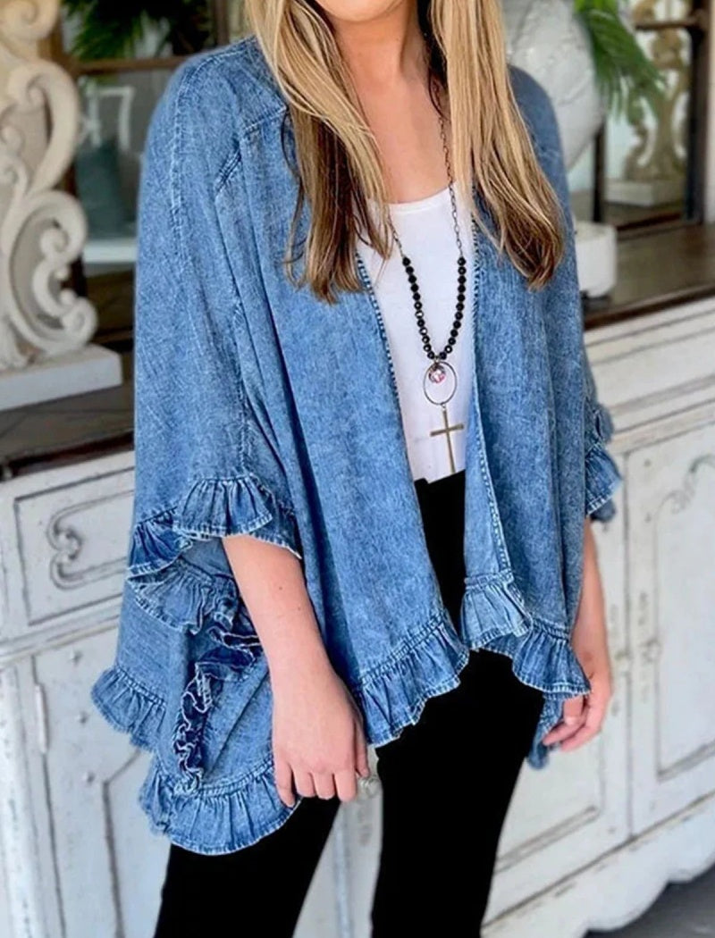 Denim Kimono with Ruffle Trim