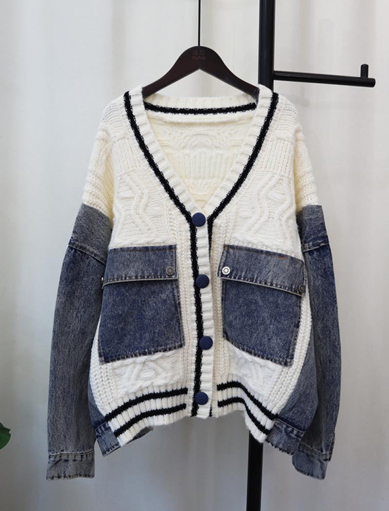 Button-Front Knit Patchwork Cardigan