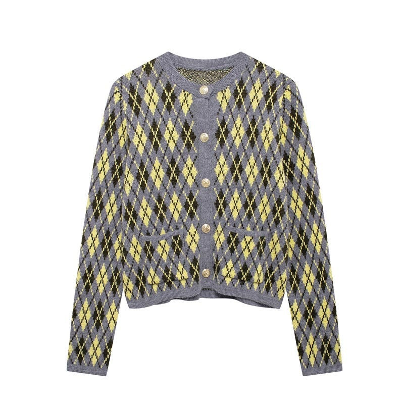 Button-Up Knit Cardigan with Diamond Pattern