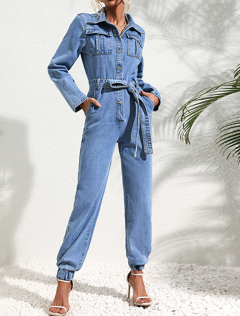 Belted Denim Jumpsuit with Pocket Details