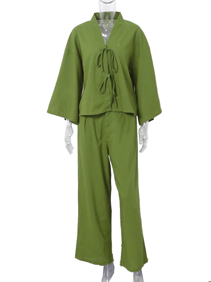 Solid Tie-Front Blouse and Pants Set