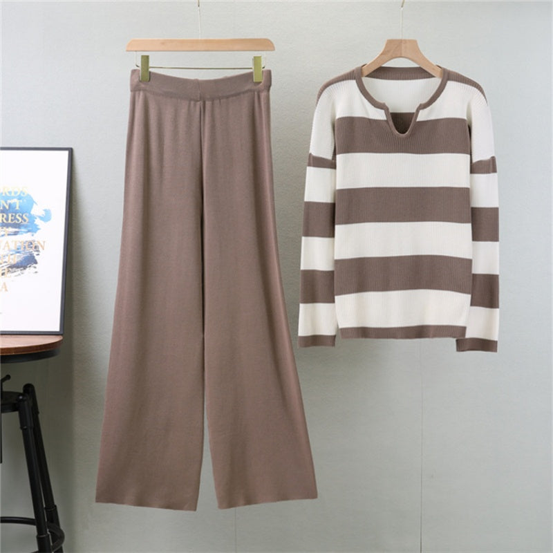 Striped Knit Sweater and Wide-Leg Pants Set