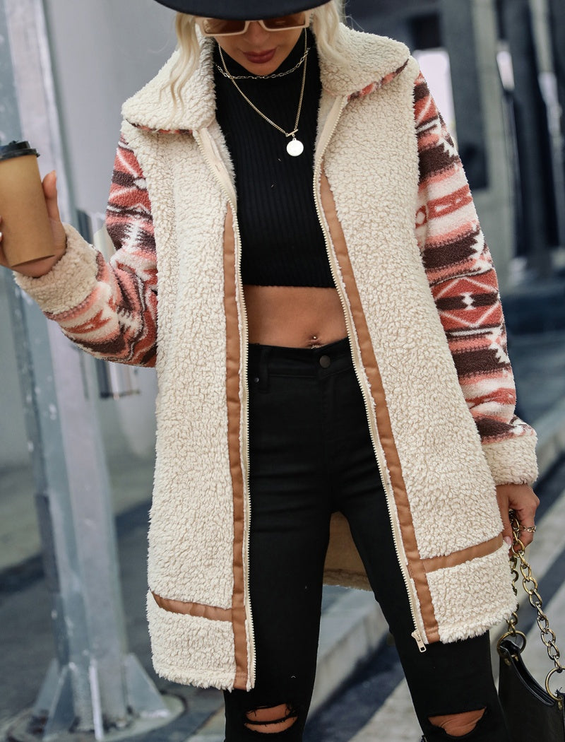 Colorblock Printed Long Coat with Lapels