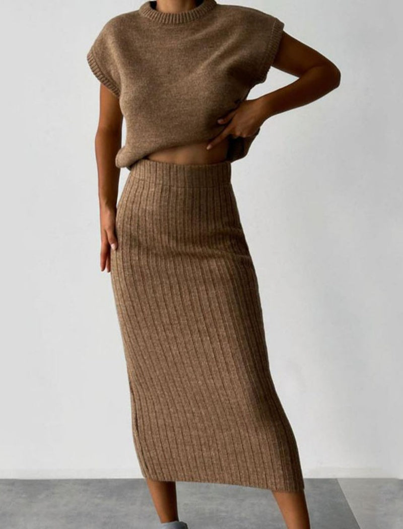 Ribbed Knit Crop Top and Skirt Set
