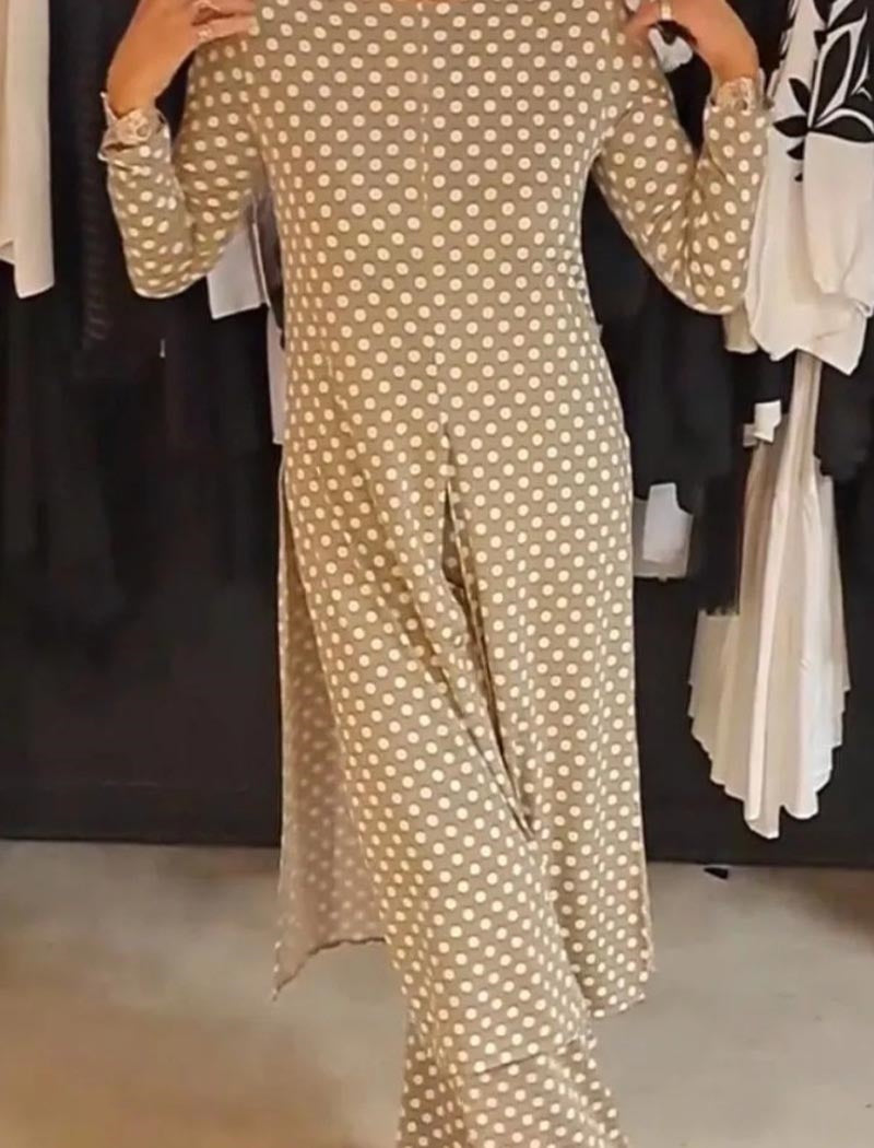 Crewneck Long Sleeve Split Polka Dot Pants Set