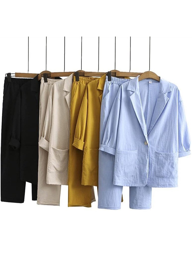 Solid Blazer and Drawstring Pants Set