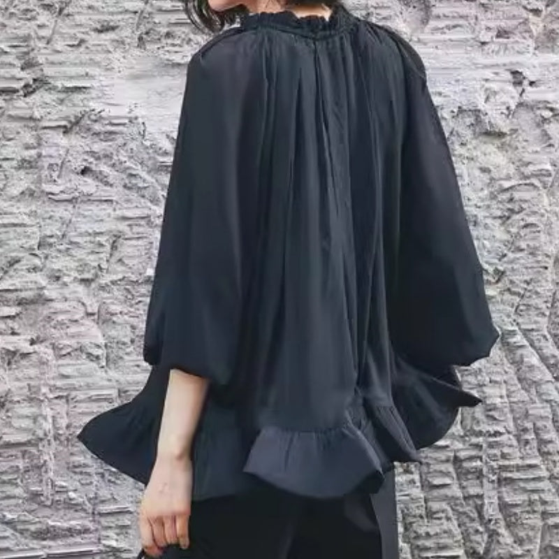 Loose Fit Ruffle Hem Chiffon Blouse