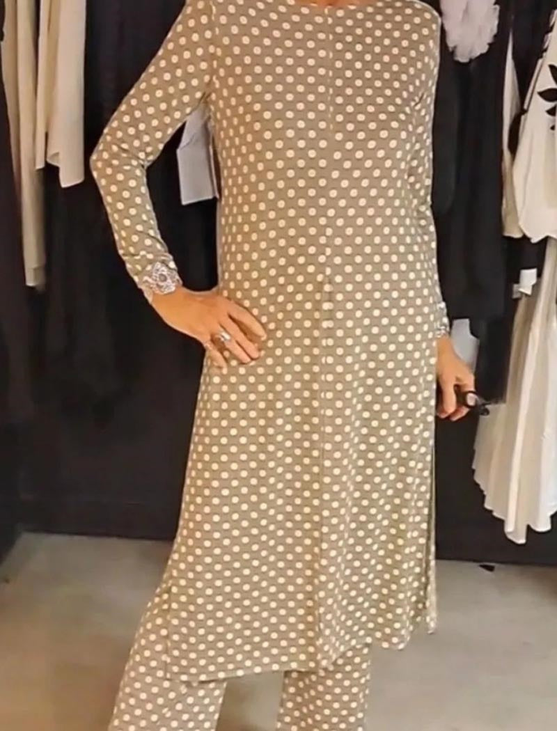 Crewneck Long Sleeve Split Polka Dot Pants Set
