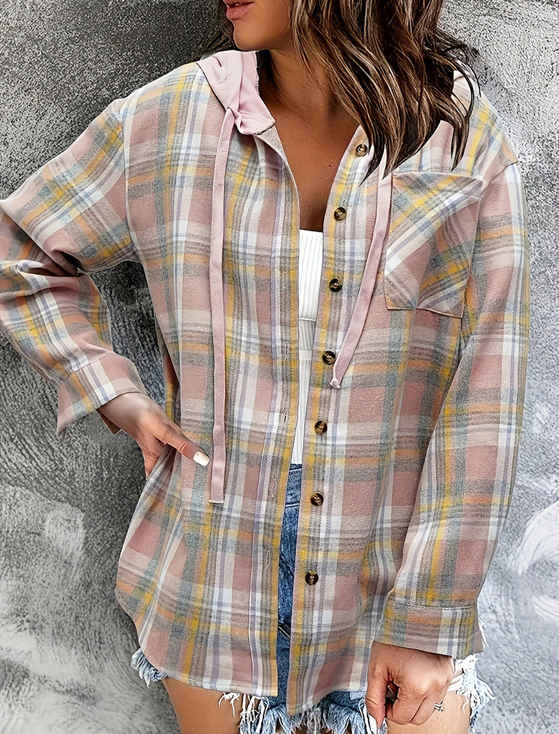 Hooded Plaid Button-Up Shirt