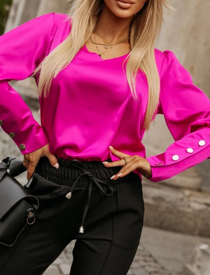 Buttoned Satin Blouse with Cuff Details