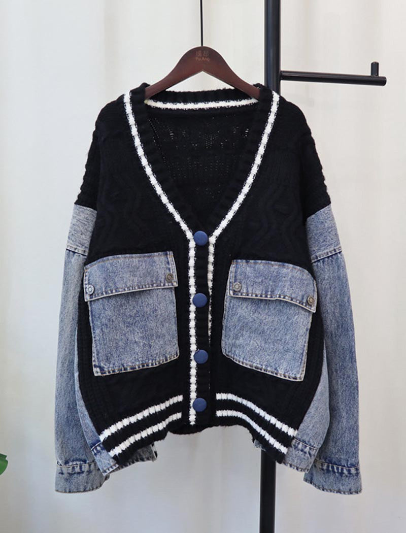 Button-Front Knit Patchwork Cardigan