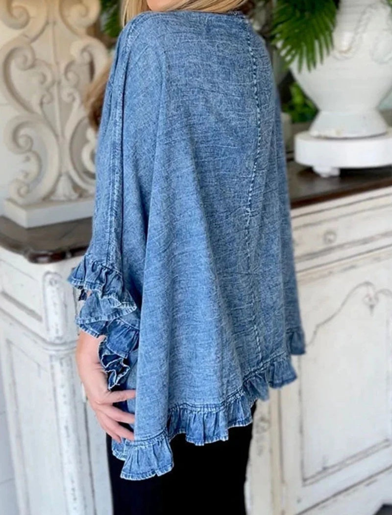 Denim Kimono with Ruffle Trim