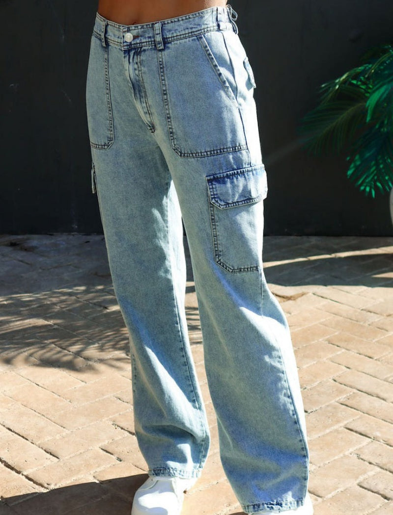 High-Waisted Cargo Style Straight Jeans