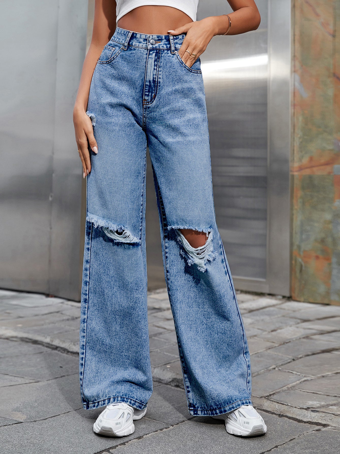 Distressed High Waist Wide Leg Jeans