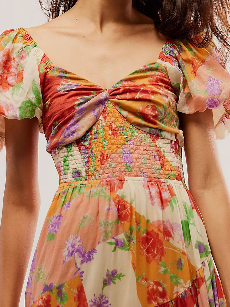 Floral Print Puff Sleeve Maxi Dress