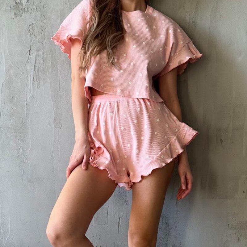 Graphic Ruffle Hem Cropped Shirt & Shorts Pajama Set