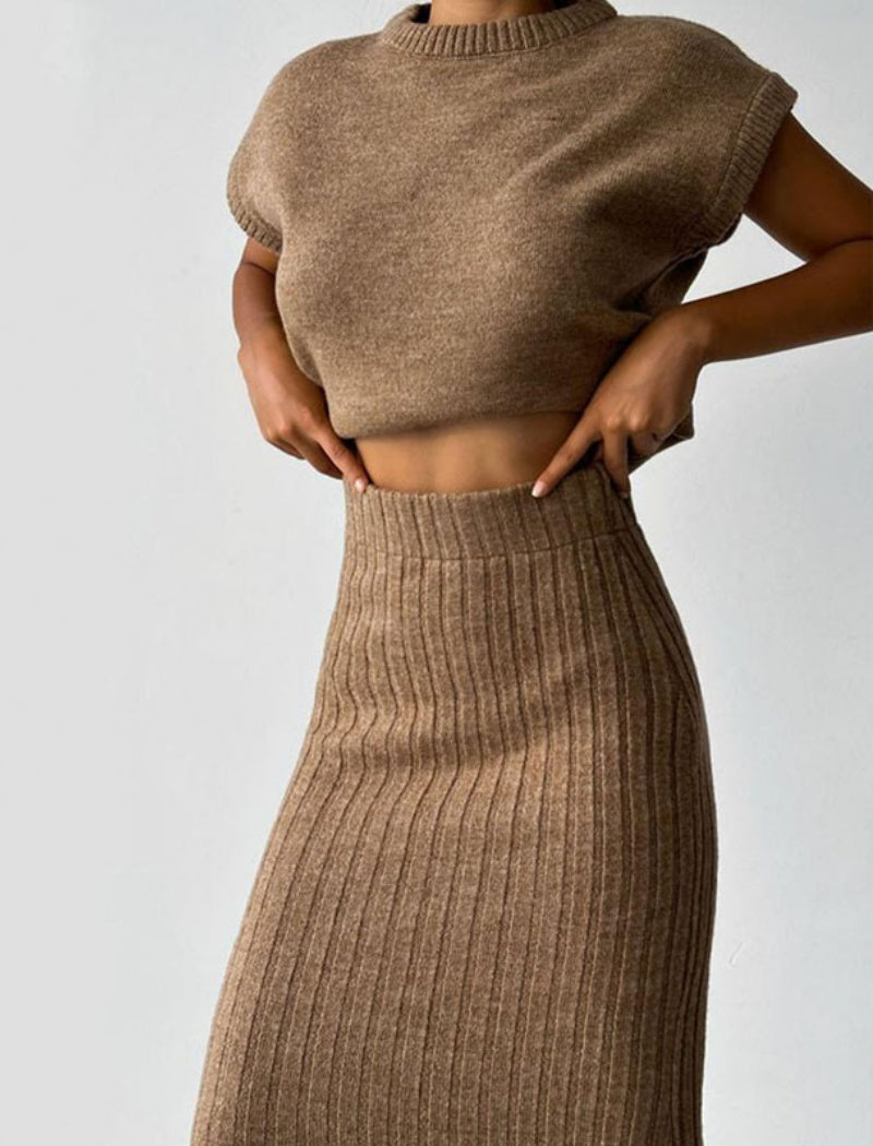 Ribbed Knit Crop Top and Skirt Set