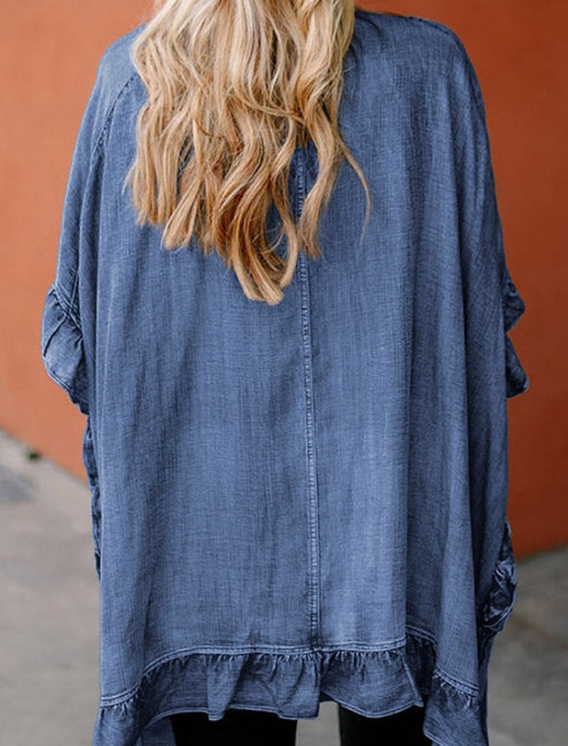 Denim Kimono with Ruffle Trim