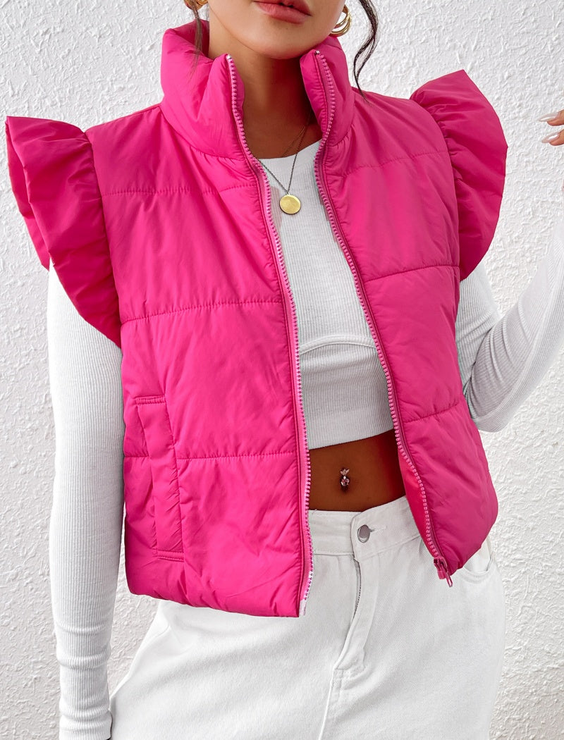 Ruffle Shoulder Puffer Vest