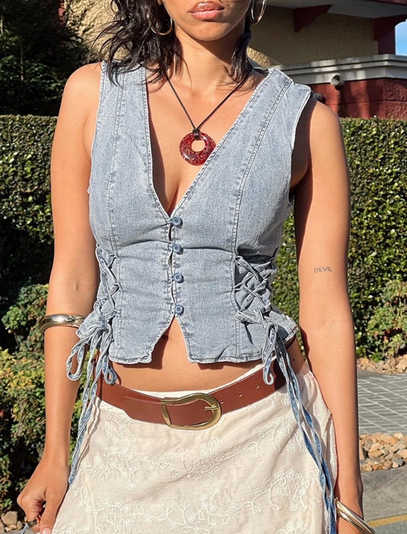 Lace-Up Denim Vest