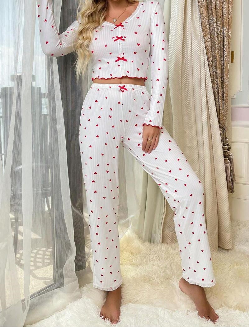 Rolled-Cuff Heart V-Neck Long Sleeve Pajama Set