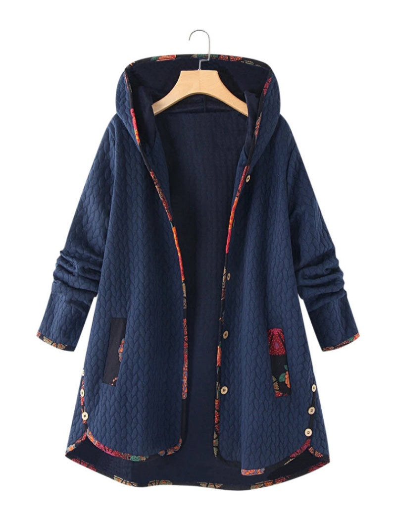 Quilted Hooded Long Jacket with Printed Lining