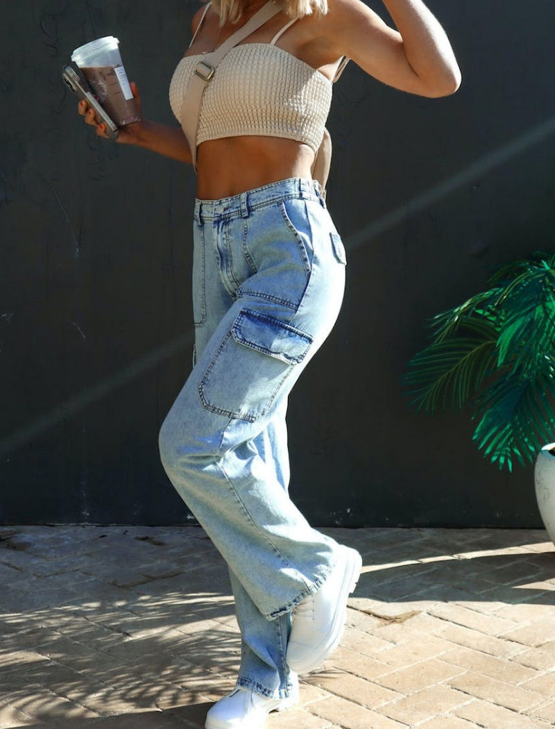 High-Waisted Cargo Style Straight Jeans