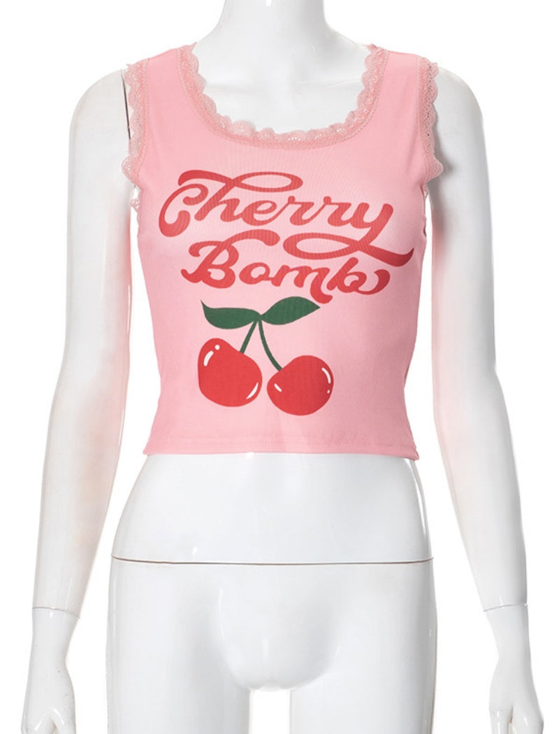Cherry Print Cropped Tank Top