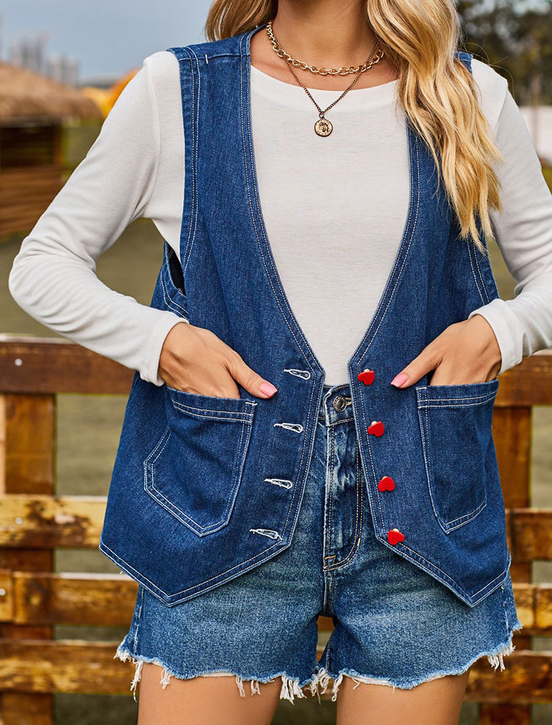 Button-Up Denim Vest with Pocket Detail