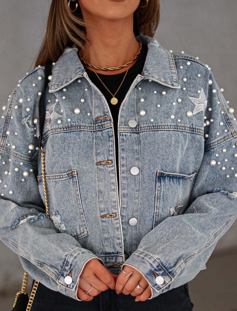 Faux Pearl Studded Denim Crop Jacket