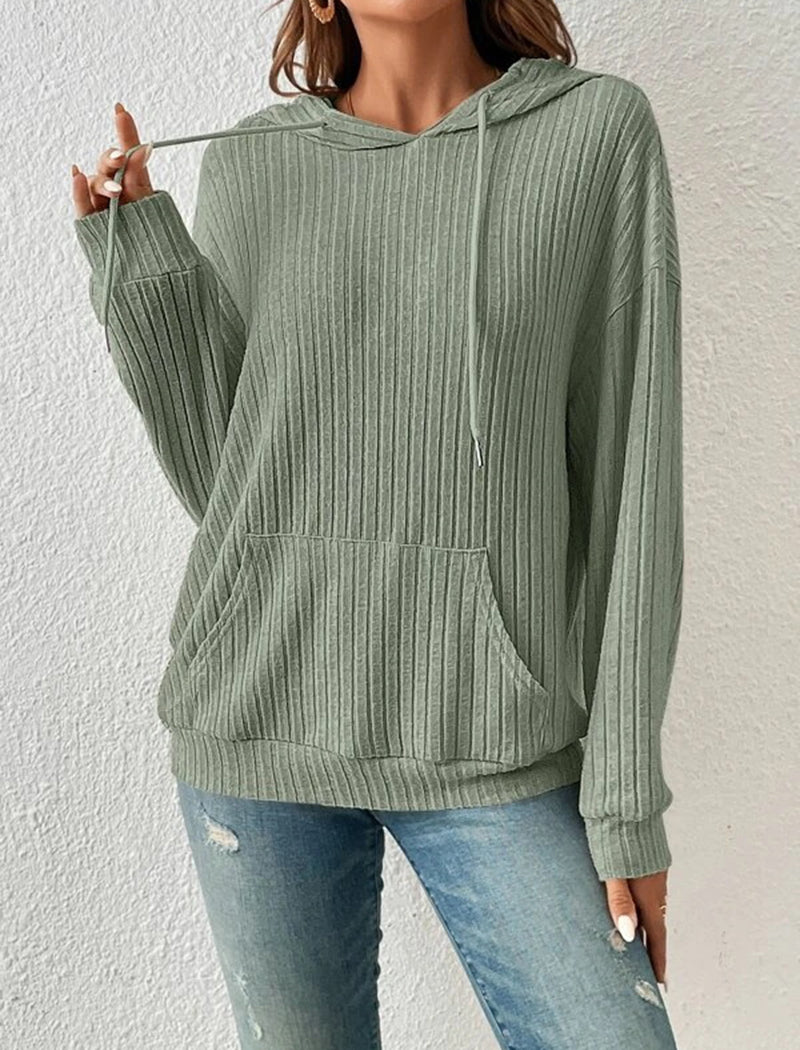 Ribbed Knit Hoodie with Front Pocket
