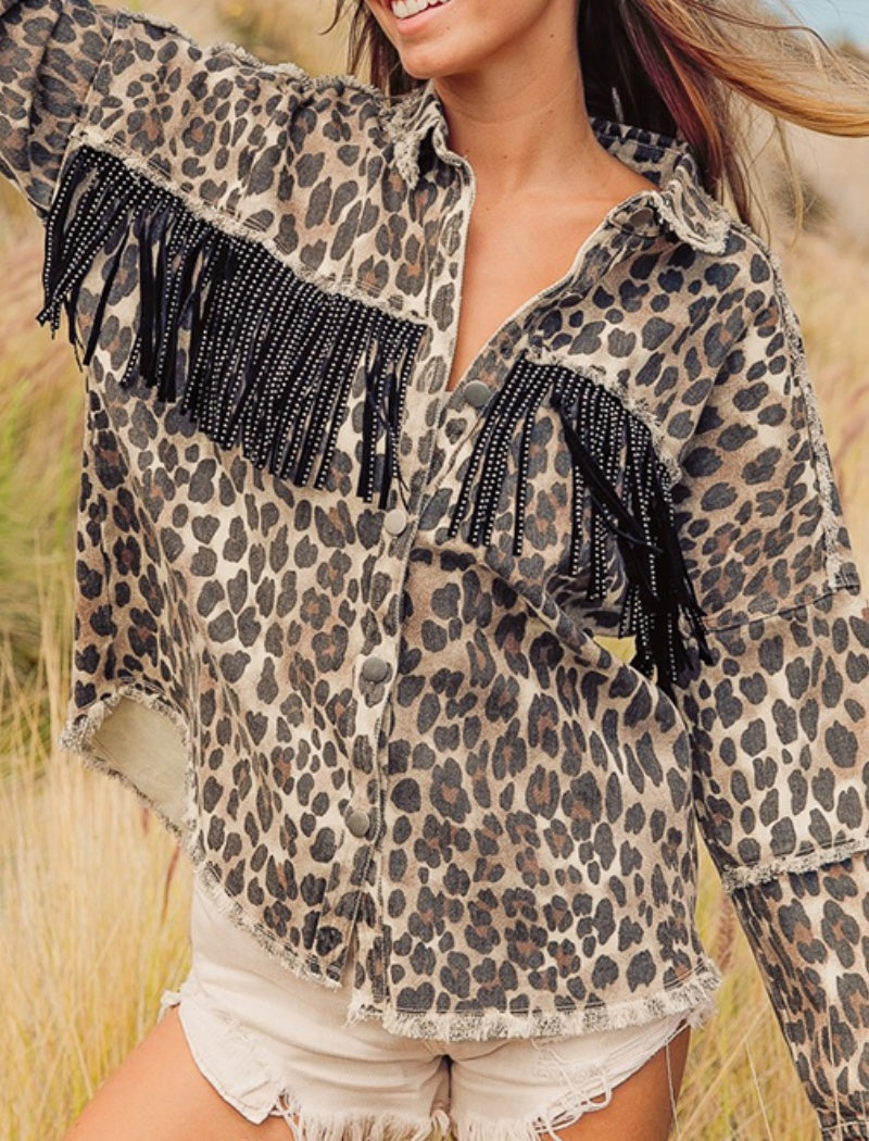Leopard Fringe Denim Jacket with Raw Hem
