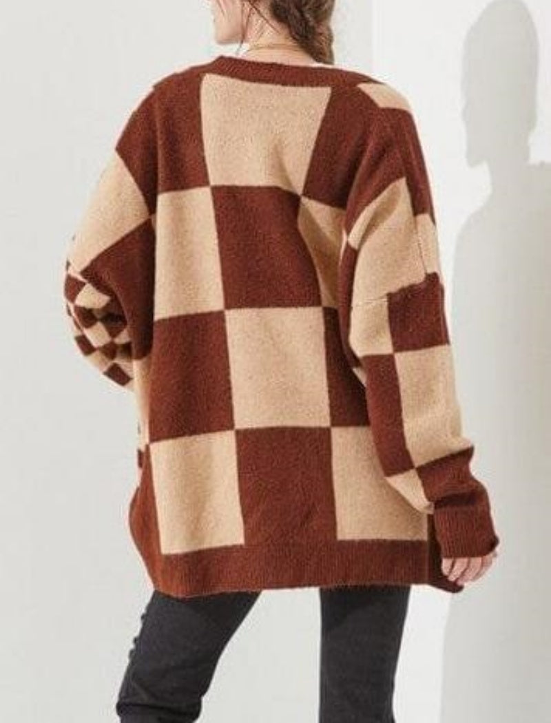 Checkered Oversized Button-Up Cardigan