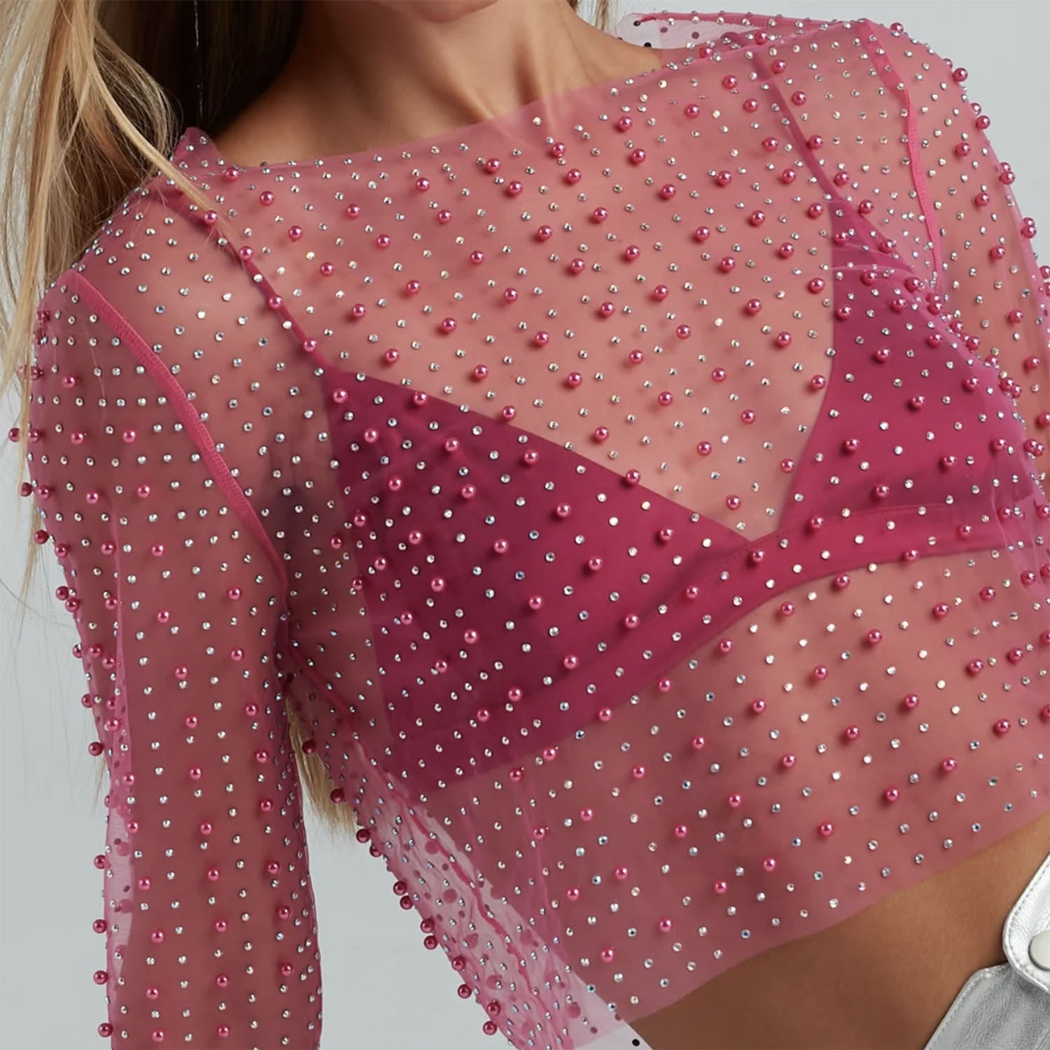 Sheer Mesh Pearl Crop Top
