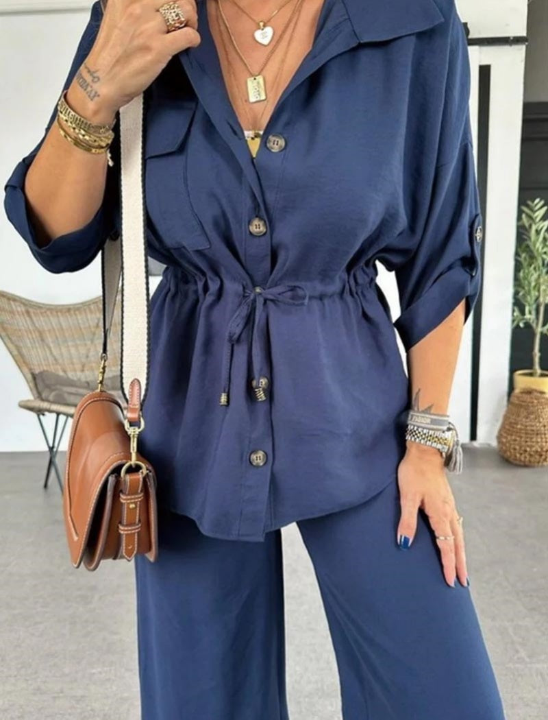 Loose Casual Drawstring Pocket Button Set