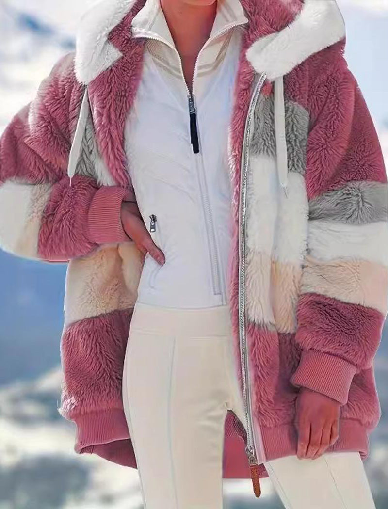 Hooded Patchwork Fuzzy Jacket