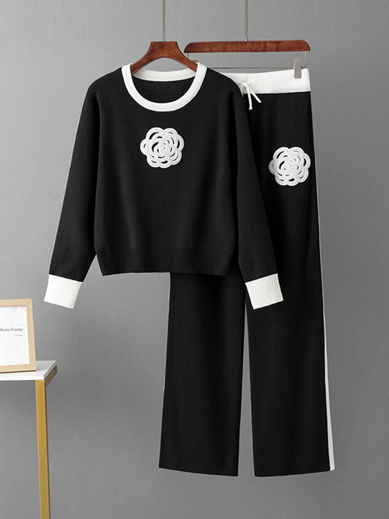 Floral Patchwork Sweater and Wide-Leg Pants Set