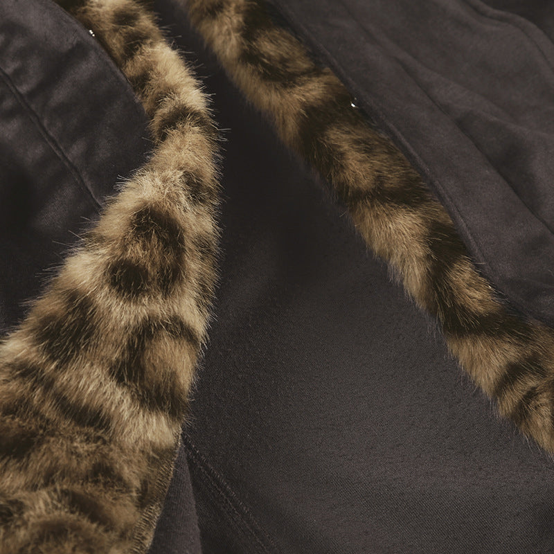 Leopard Fur Panel Collared Two-Tone Jacket